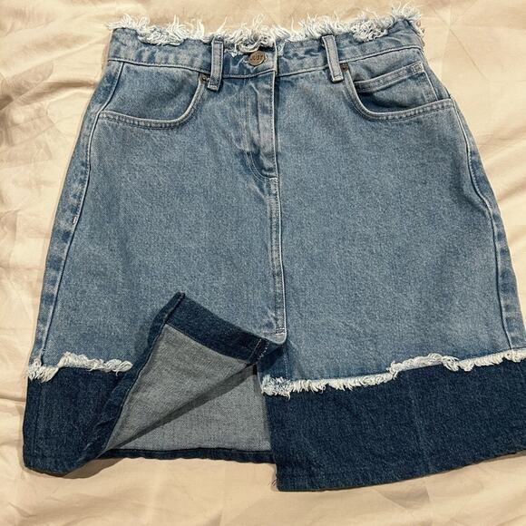 JUST Jean Skirt Two Tone Zip Frayed RARE Streetwear Modest Denim Y2K Knee Length - Picture 6 of 10